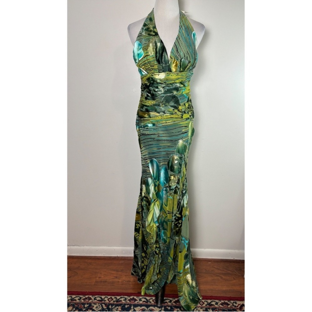 Nina Austin Silk VTG 90s Y2K Forest Fairy Formal Maxi Dress Mermaid Hem Small